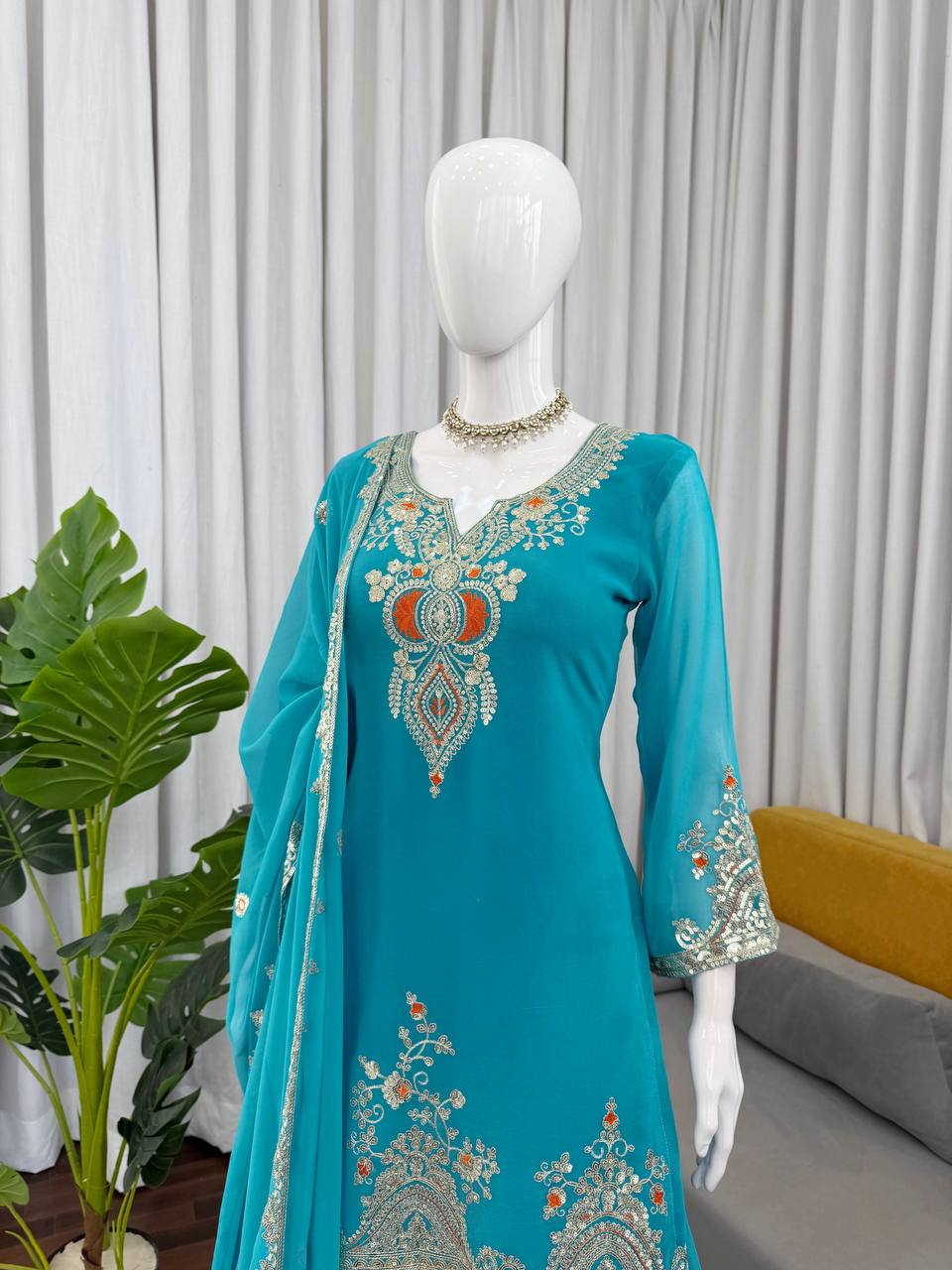 Sky blue faux georgette thread & sequence work top-sharara and dupatta set
