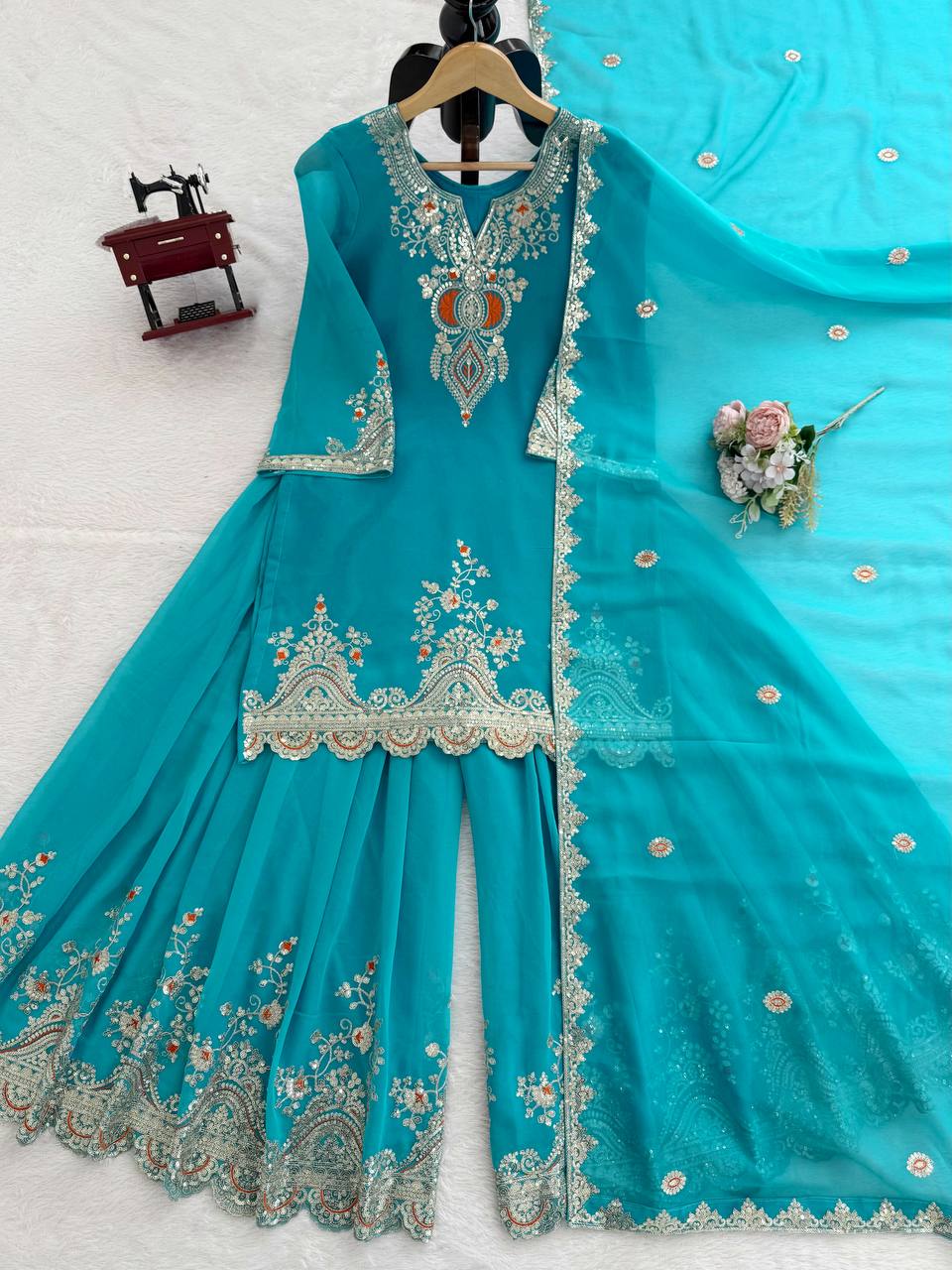 Sky blue faux georgette thread & sequence work top-sharara and dupatta set