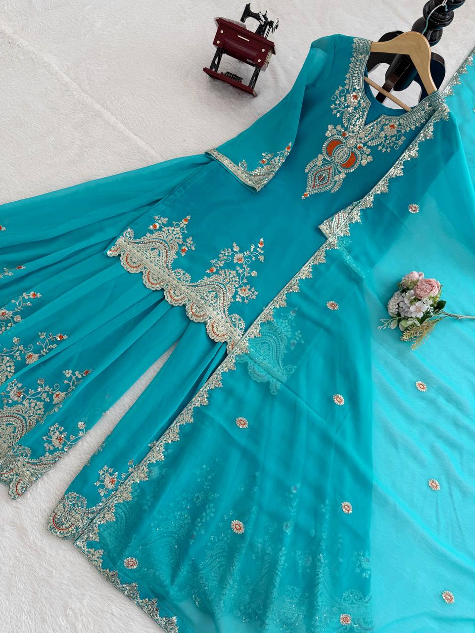 Sky blue faux georgette thread & sequence work top-sharara and dupatta set