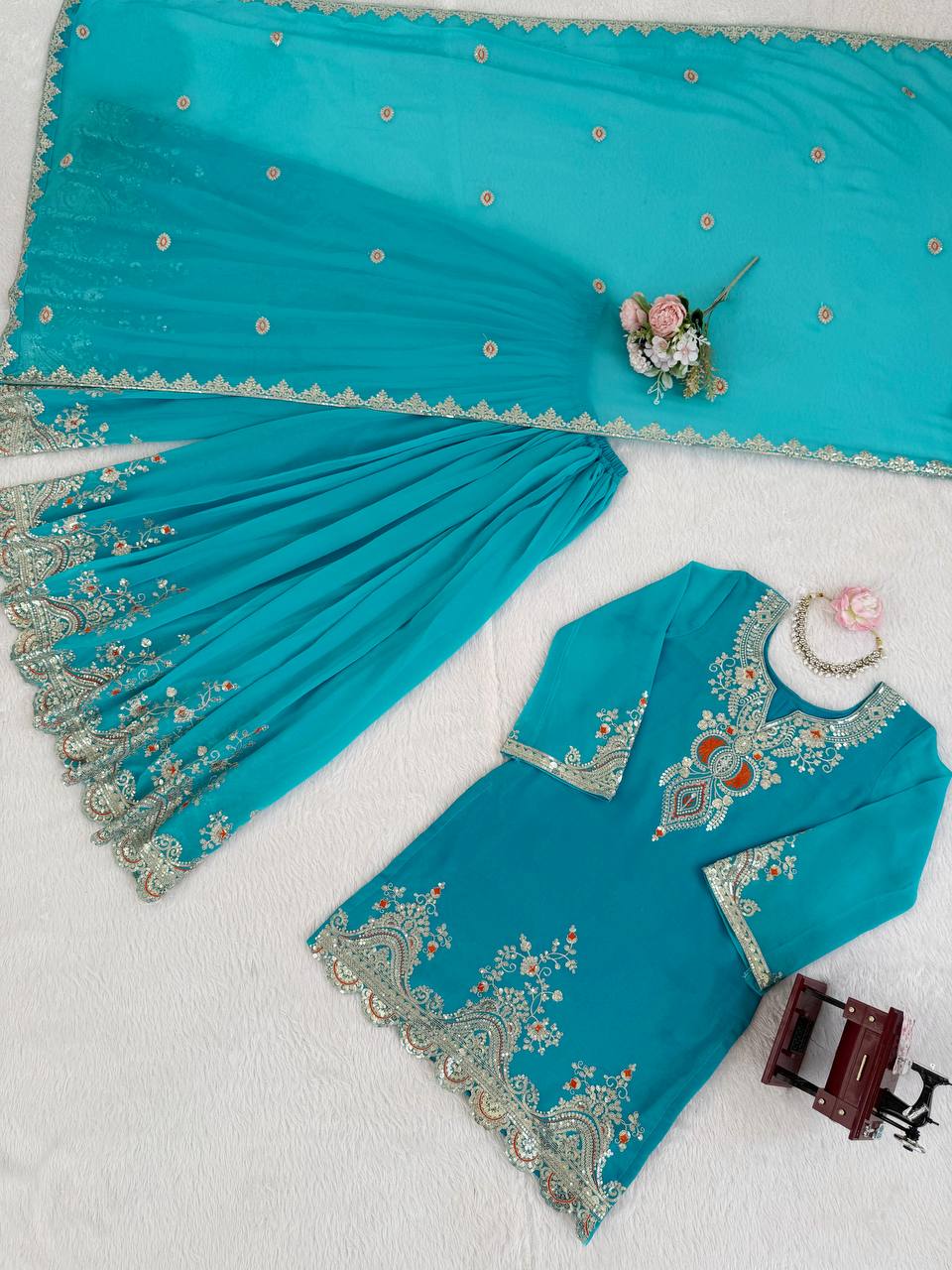 Sky blue faux georgette thread & sequence work top-sharara and dupatta set