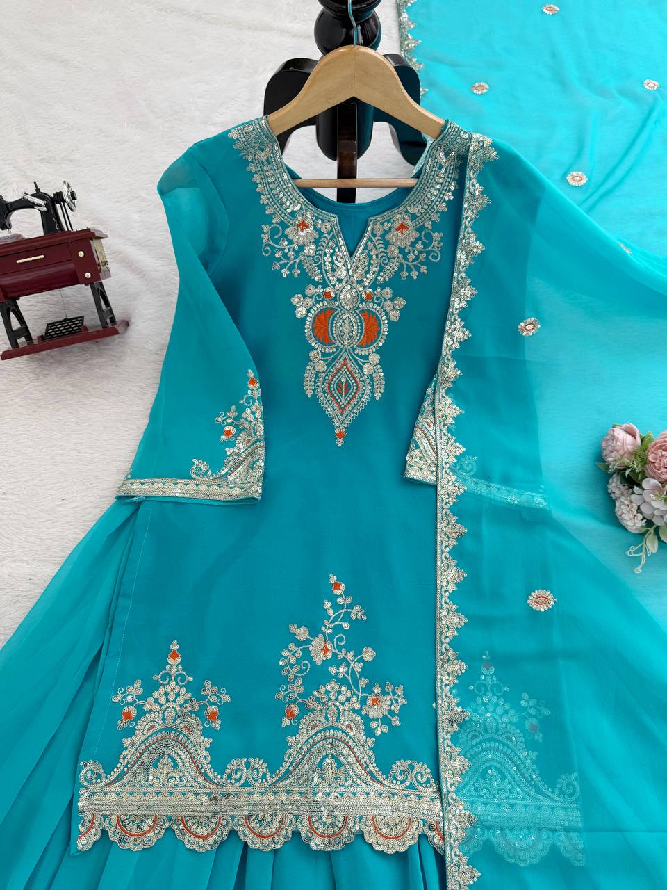 Sky blue faux georgette thread & sequence work top-sharara and dupatta set