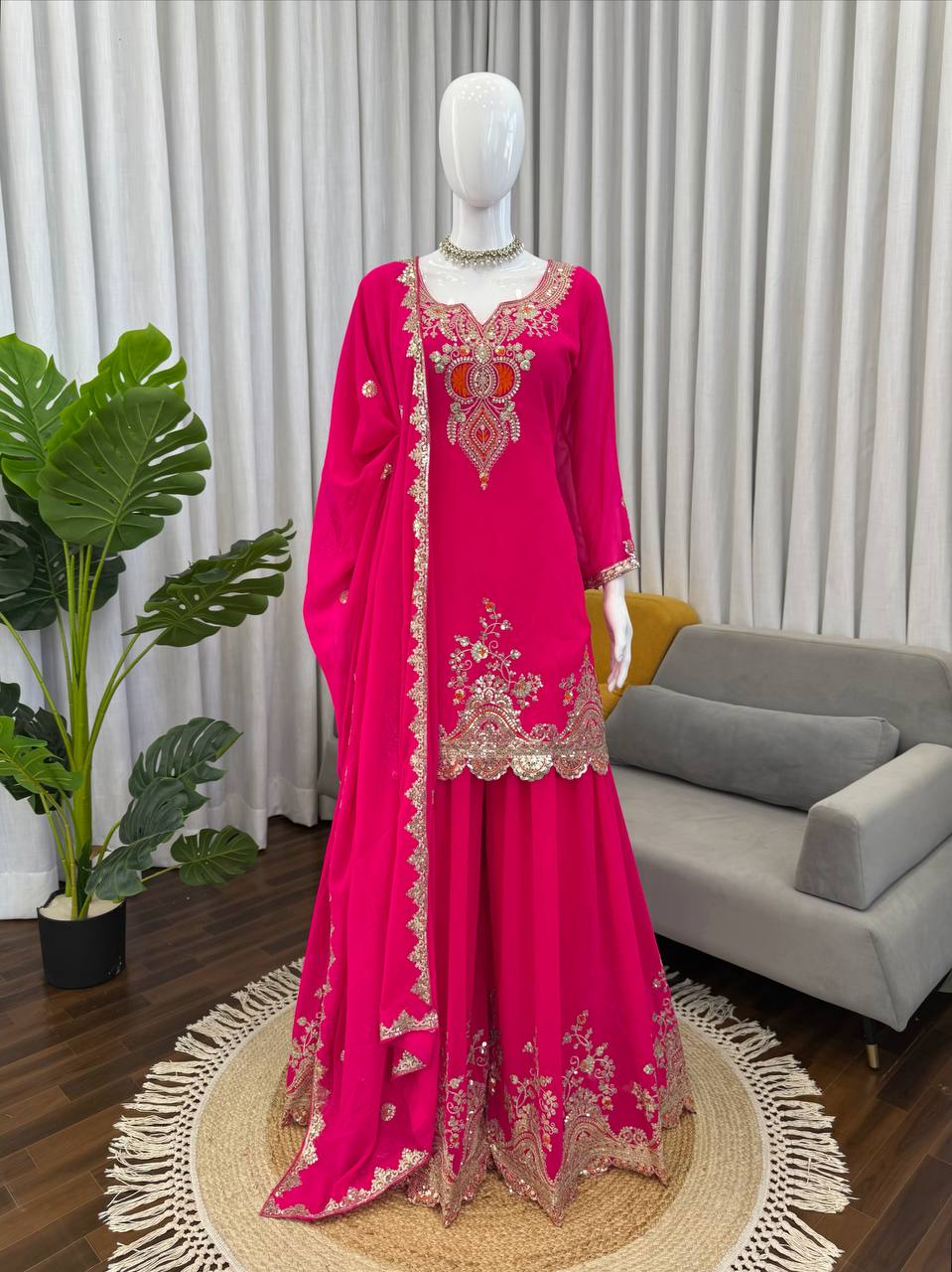 Pink faux georgette thread & sequence work top-sharara and dupatta set