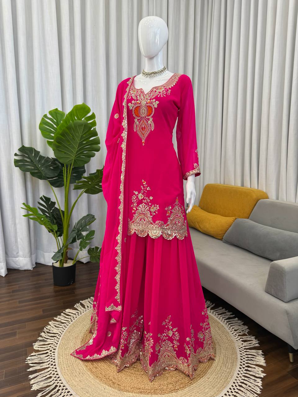 Pink faux georgette thread & sequence work top-sharara and dupatta set