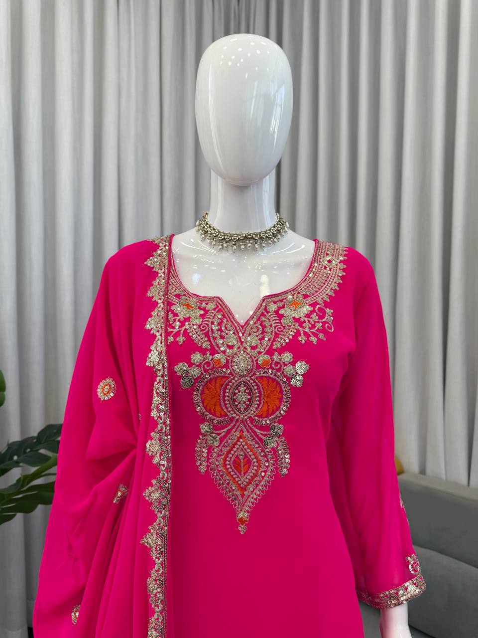 Pink faux georgette thread & sequence work top-sharara and dupatta set