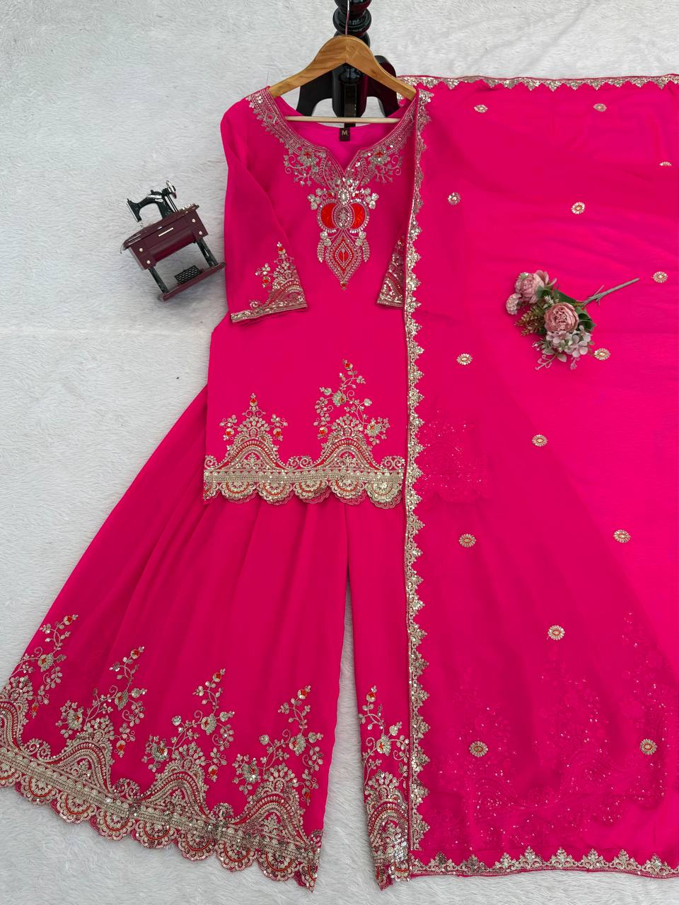 Pink faux georgette thread & sequence work top-sharara and dupatta set