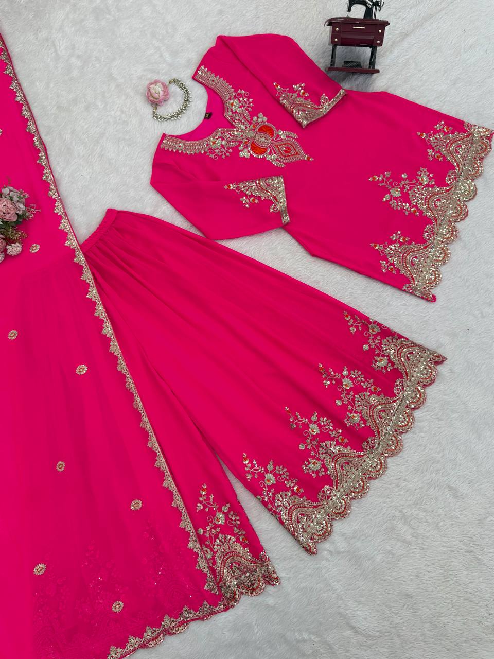 Pink faux georgette thread & sequence work top-sharara and dupatta set