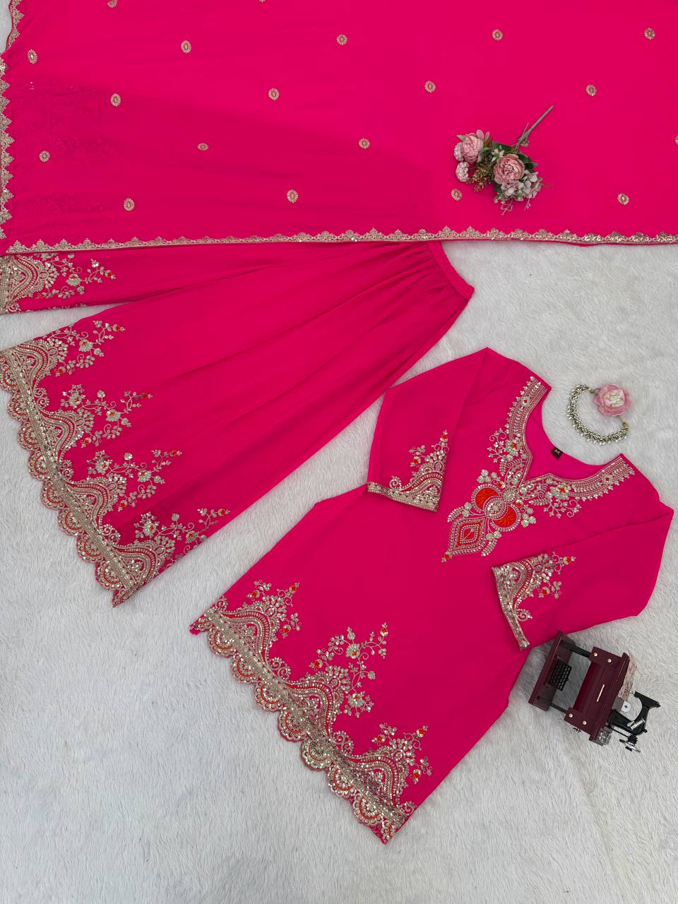 Pink faux georgette thread & sequence work top-sharara and dupatta set