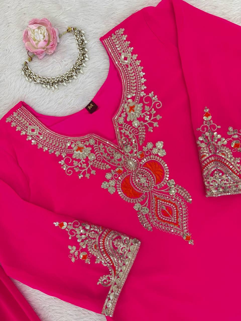 Pink faux georgette thread & sequence work top-sharara and dupatta set