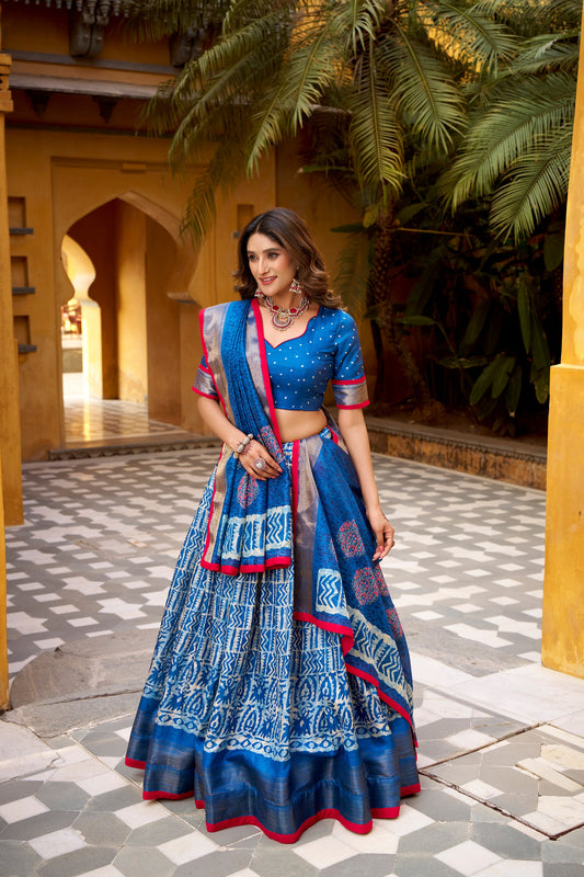 Multicolour dola silk batik print with zari weaving work lehenga, blouse and dupatta