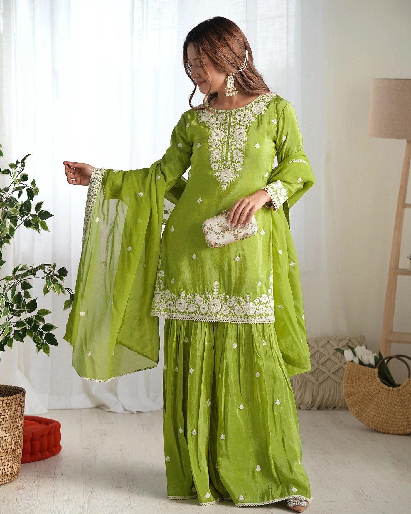 Light green chinon embroidered kurta sharara dupatta Set