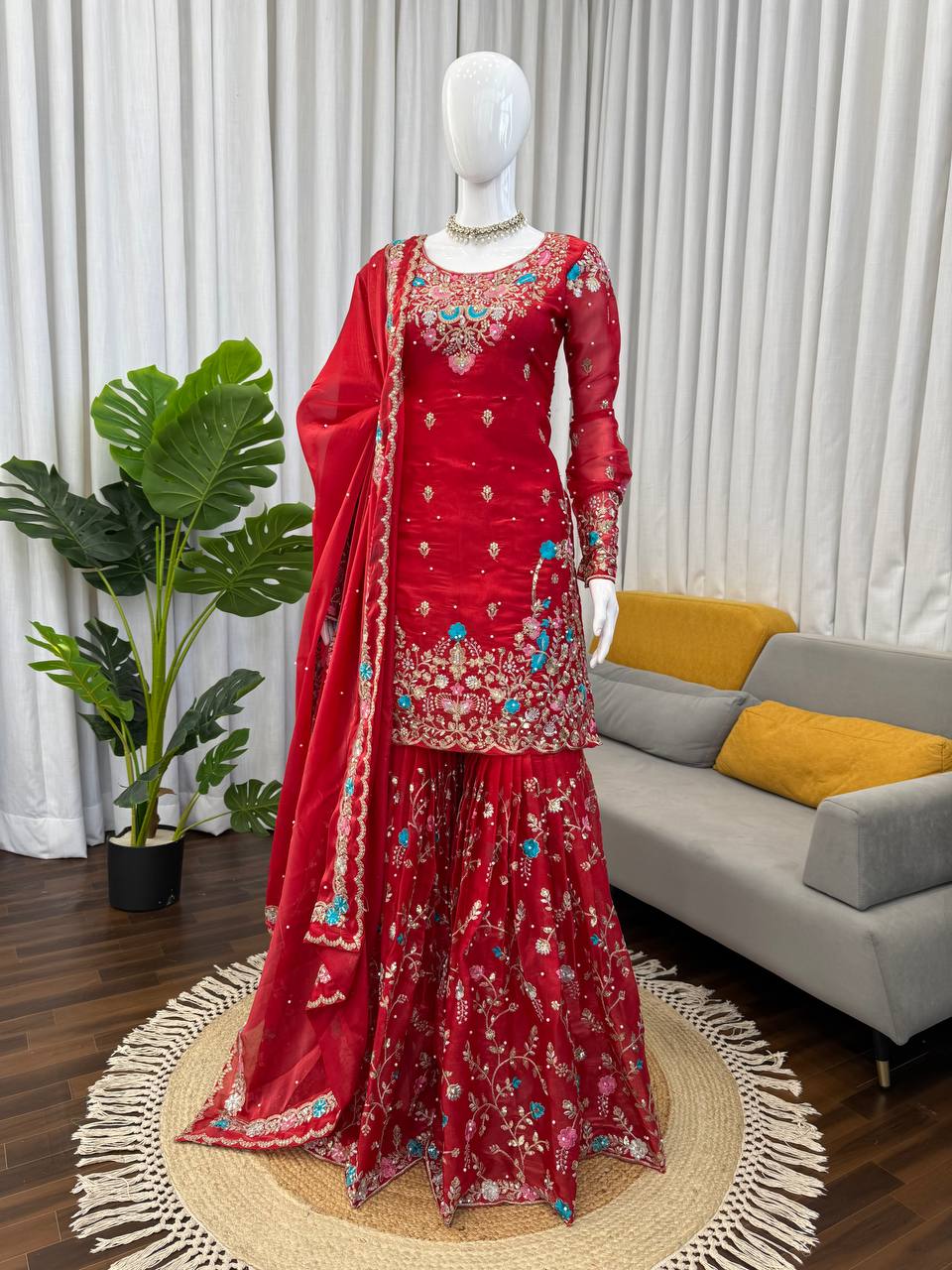 Red silk Thread with sequence with rivet moti anarkali set
