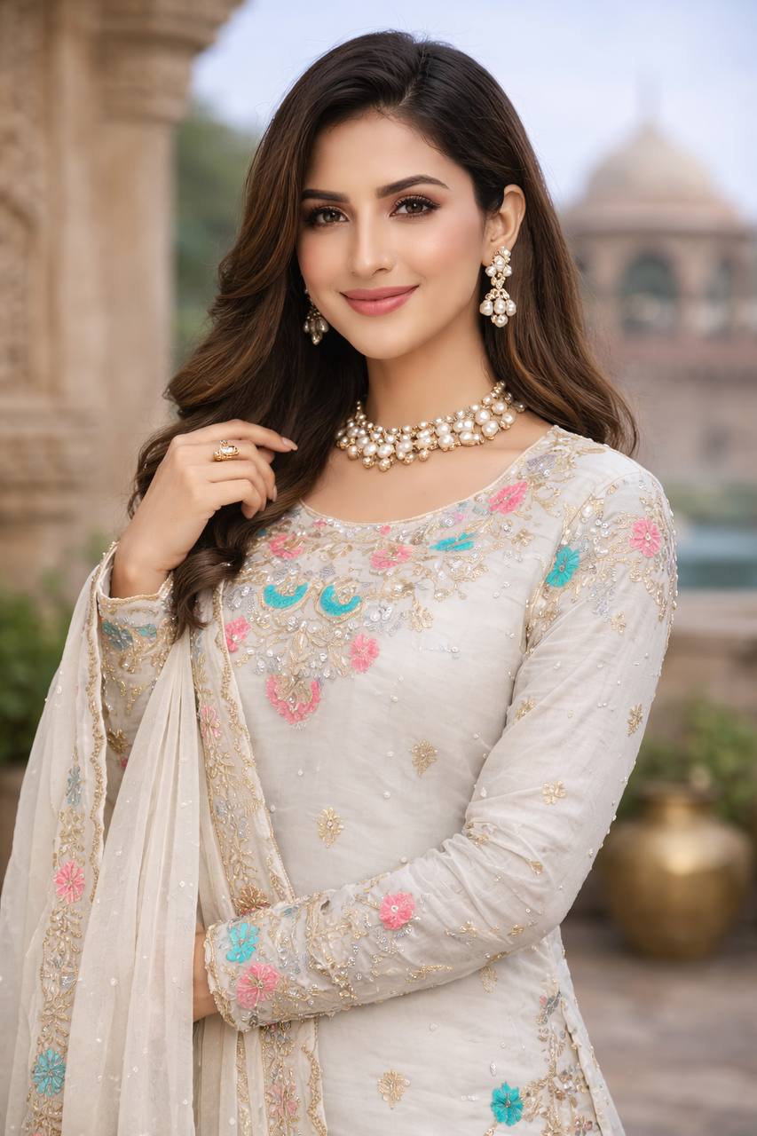 White silk Thread with sequence with rivet moti anarkali set