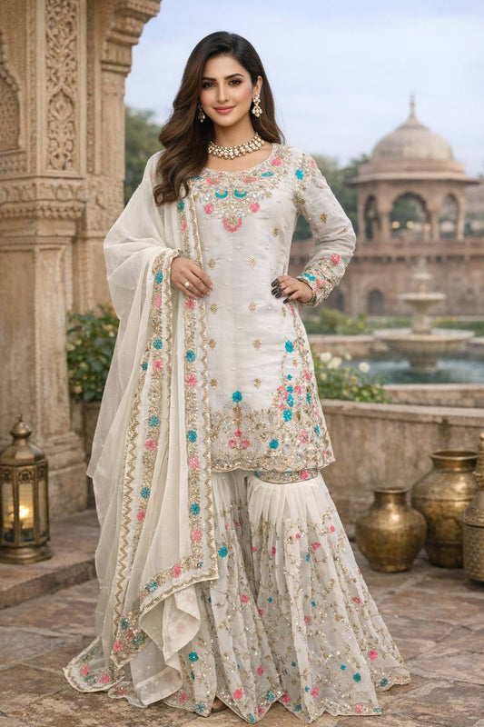 White silk Thread with sequence with rivet moti anarkali set