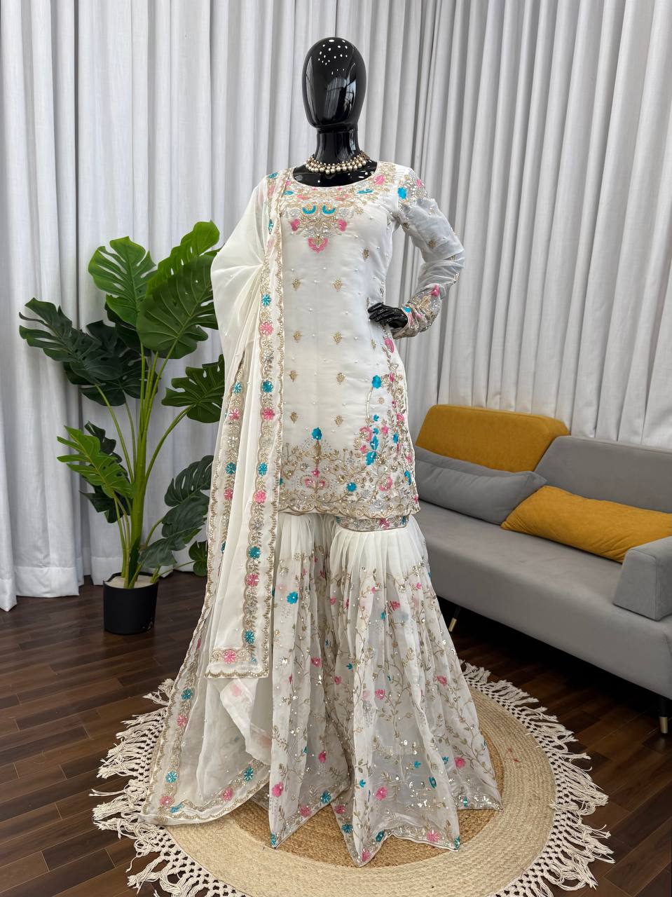 White silk Thread with sequence with rivet moti anarkali set