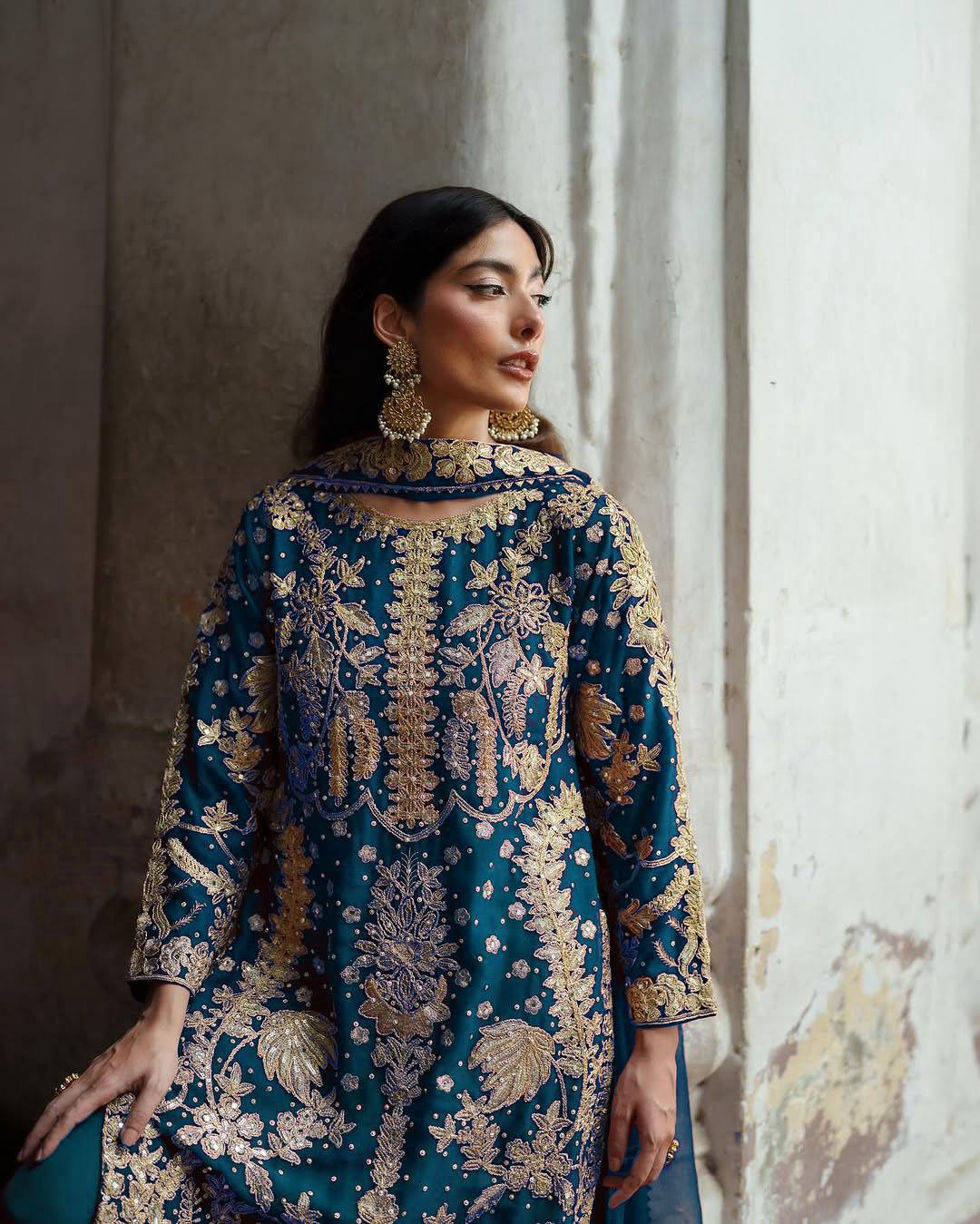 Blue faux georgette chain sequence work with moti work top-bottom and dupatta set