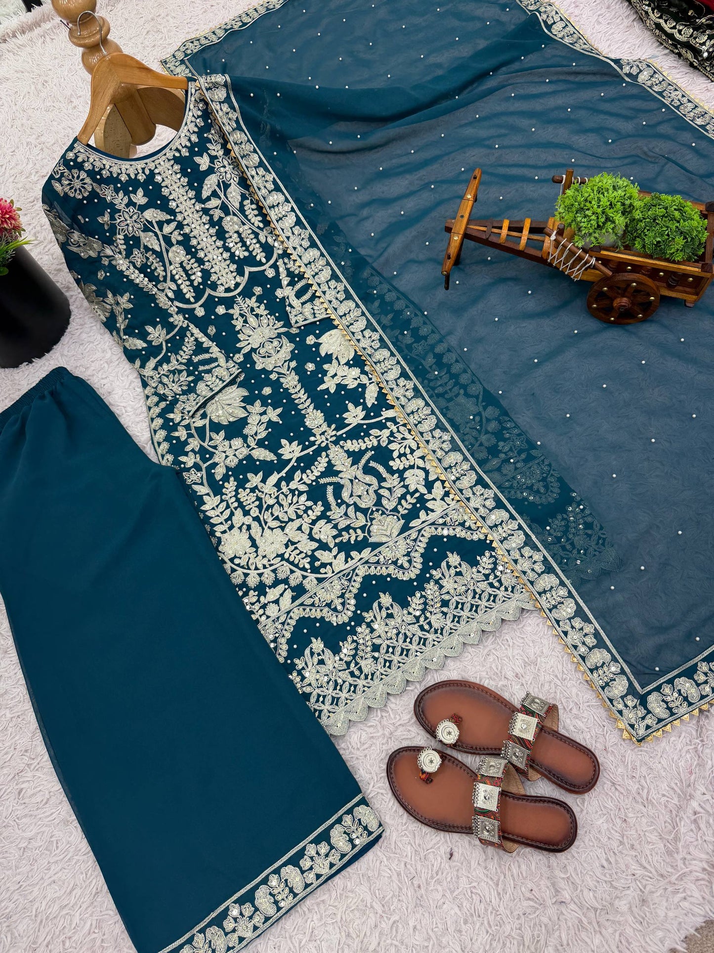 Blue faux georgette chain sequence work with moti work top-bottom and dupatta set