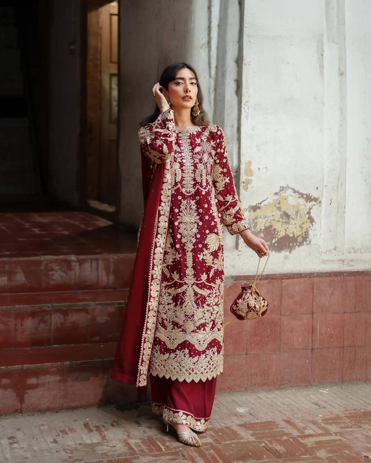 Red faux georgette chain sequence work with moti work top-bottom and dupatta set