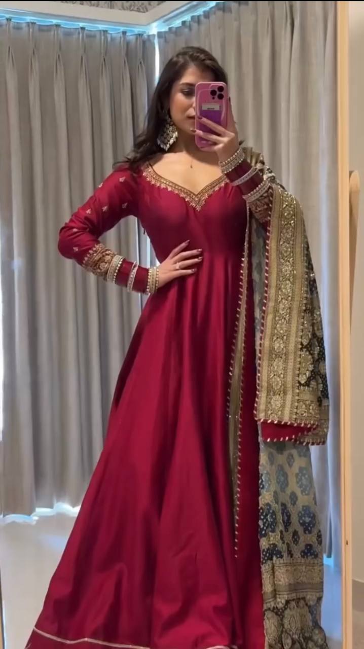Maroon chinon silk Thread with sequence work gown-pant and dupatta set