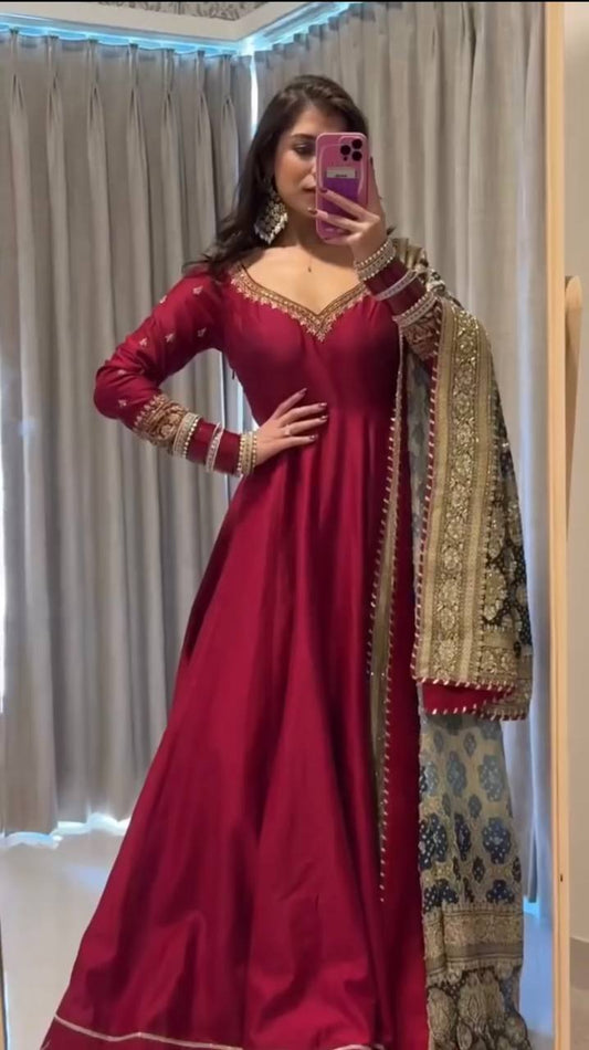 Maroon chinon silk Thread with sequence work gown-pant and dupatta set