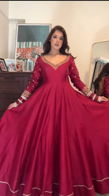 Maroon chinon silk Thread with sequence work gown-pant and dupatta set
