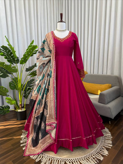 Maroon chinon silk Thread with sequence work gown-pant and dupatta set