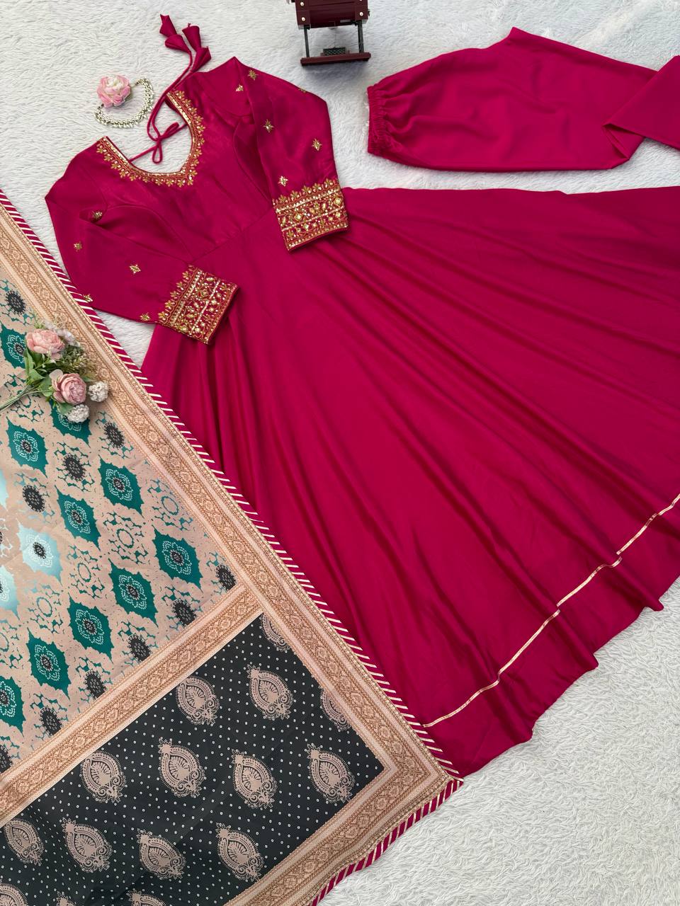 Maroon chinon silk Thread with sequence work gown-pant and dupatta set