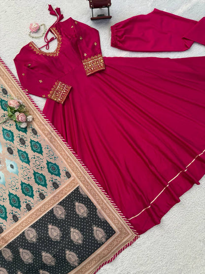 Maroon chinon silk Thread with sequence work gown-pant and dupatta set