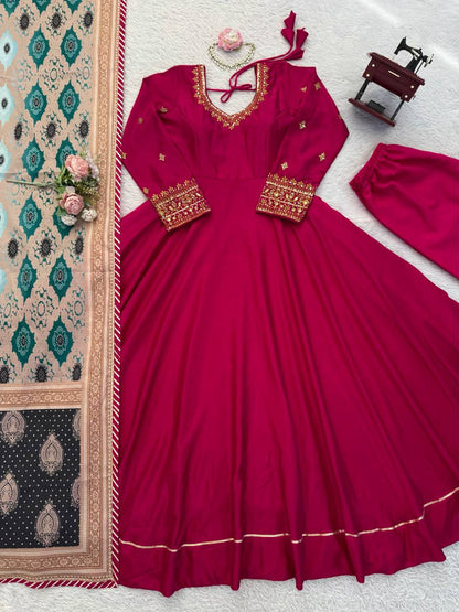 Maroon chinon silk Thread with sequence work gown-pant and dupatta set