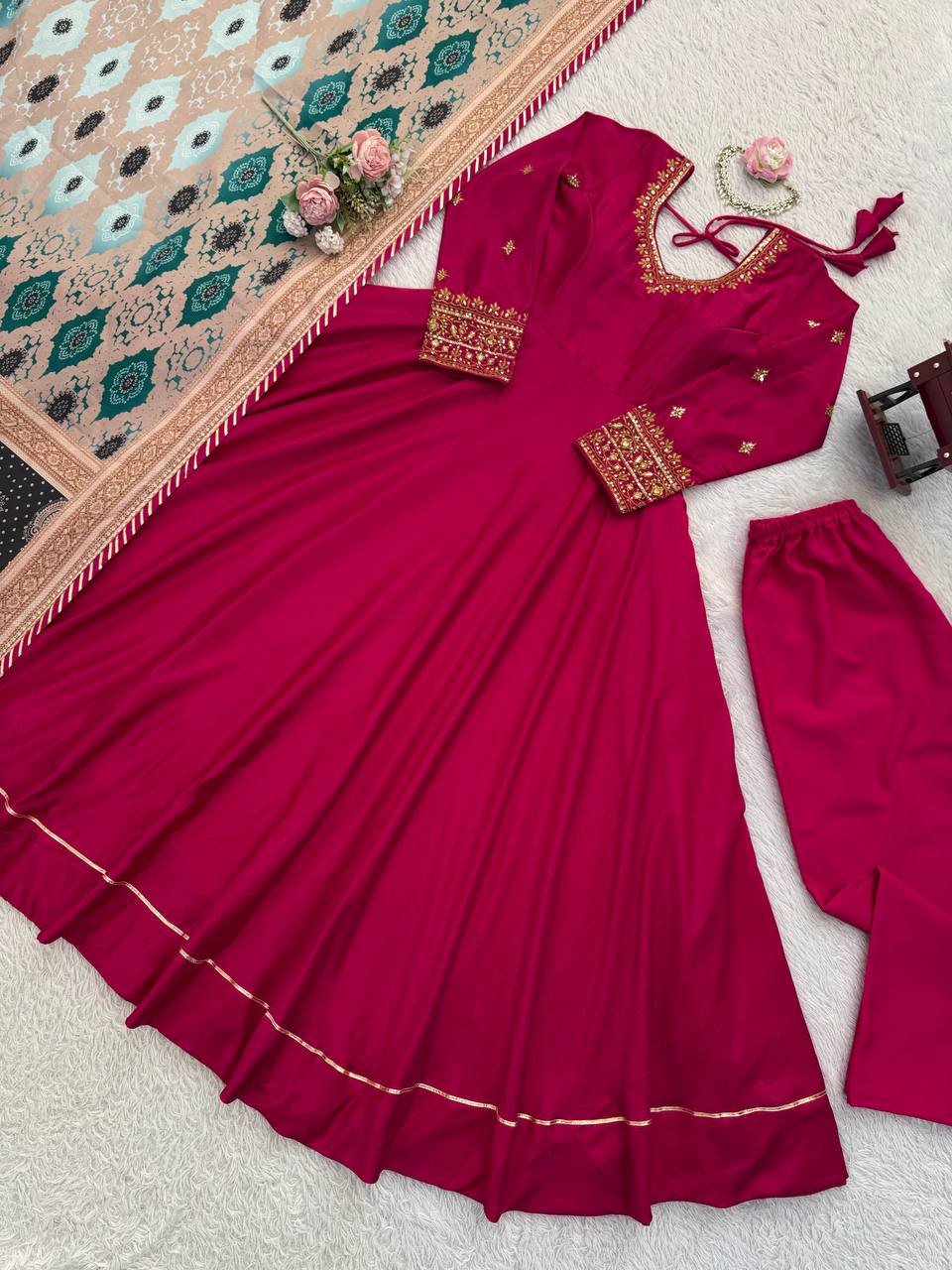 Maroon chinon silk Thread with sequence work gown-pant and dupatta set