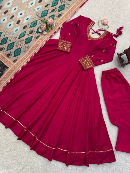Maroon chinon silk Thread with sequence work gown-pant and dupatta set