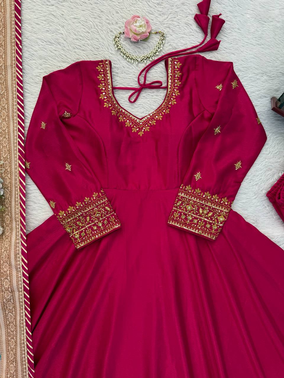 Maroon chinon silk Thread with sequence work gown-pant and dupatta set