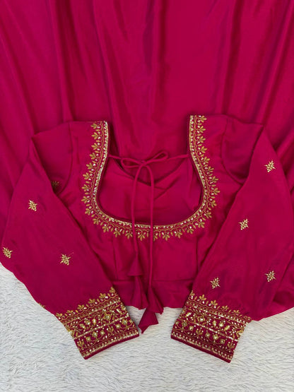 Maroon chinon silk Thread with sequence work gown-pant and dupatta set