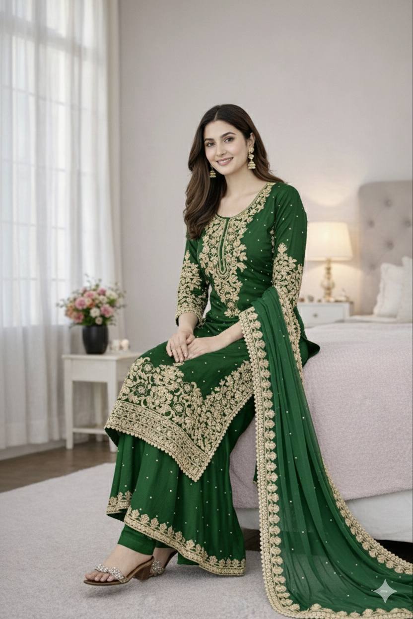 Green pure gmy silk with heavy embroidery coding sequence work top-bottom and dupatta