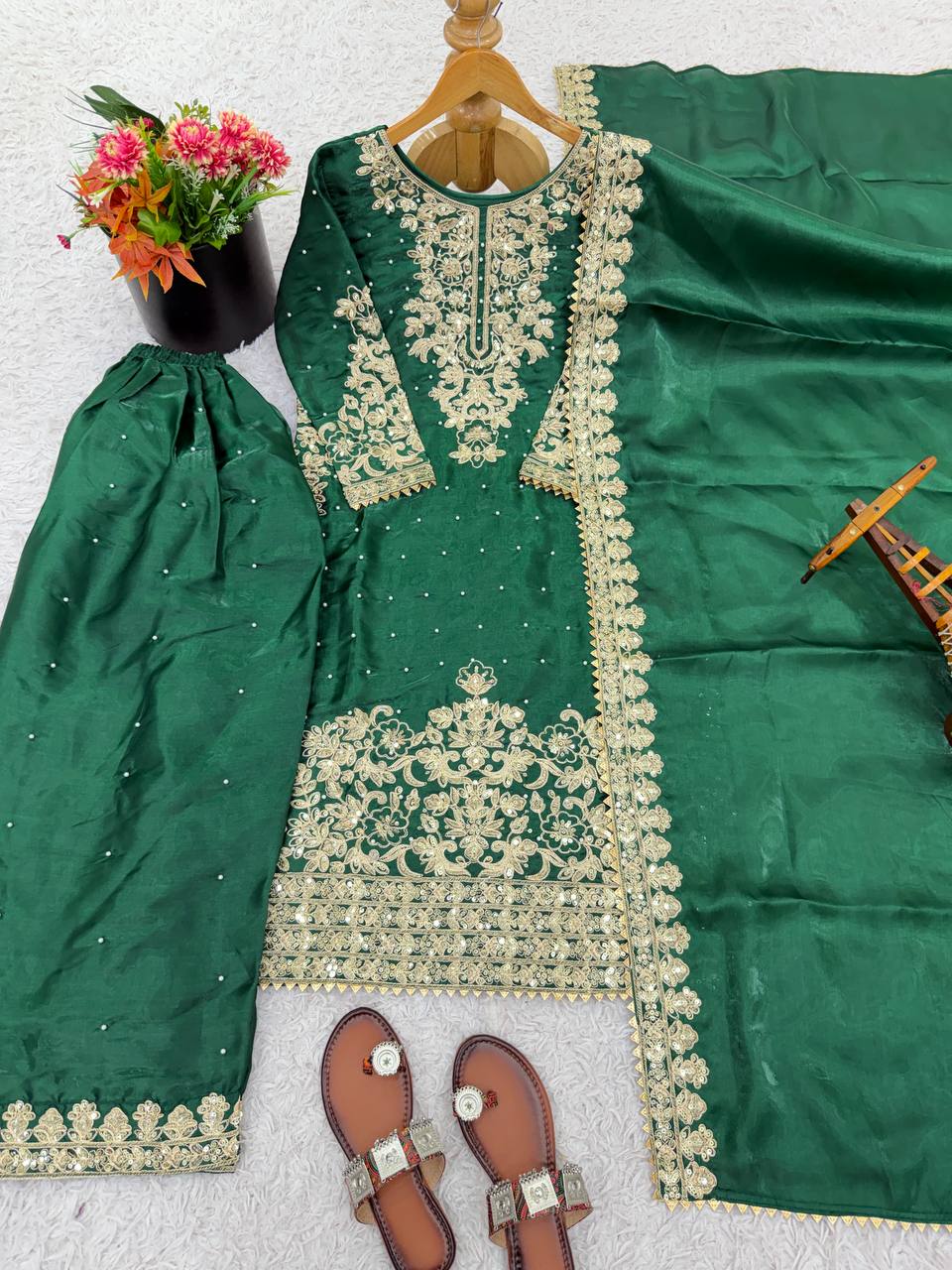 Green pure gmy silk with heavy embroidery coding sequence work top-bottom and dupatta