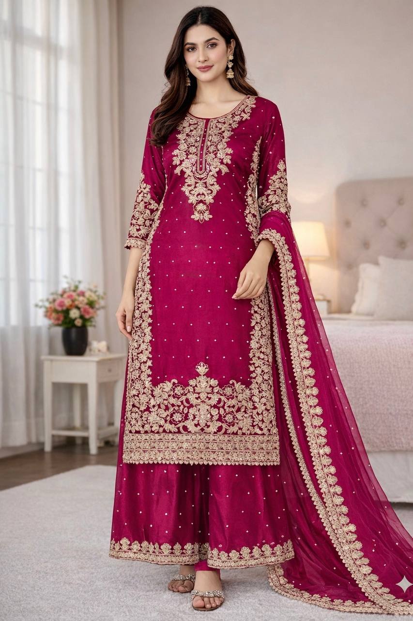 Rani pure gmy silk with heavy embroidery coding sequence work top-bottom and dupatta