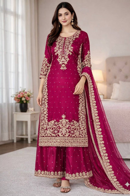 Rani pure gmy silk with heavy embroidery coding sequence work top-bottom and dupatta