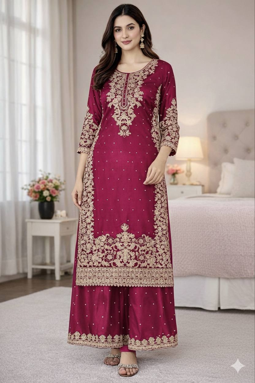 Rani pure gmy silk with heavy embroidery coding sequence work top-bottom and dupatta