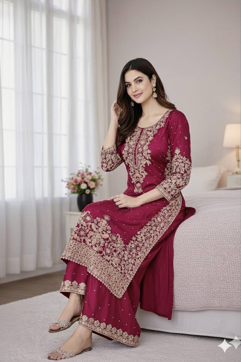 Rani pure gmy silk with heavy embroidery coding sequence work top-bottom and dupatta