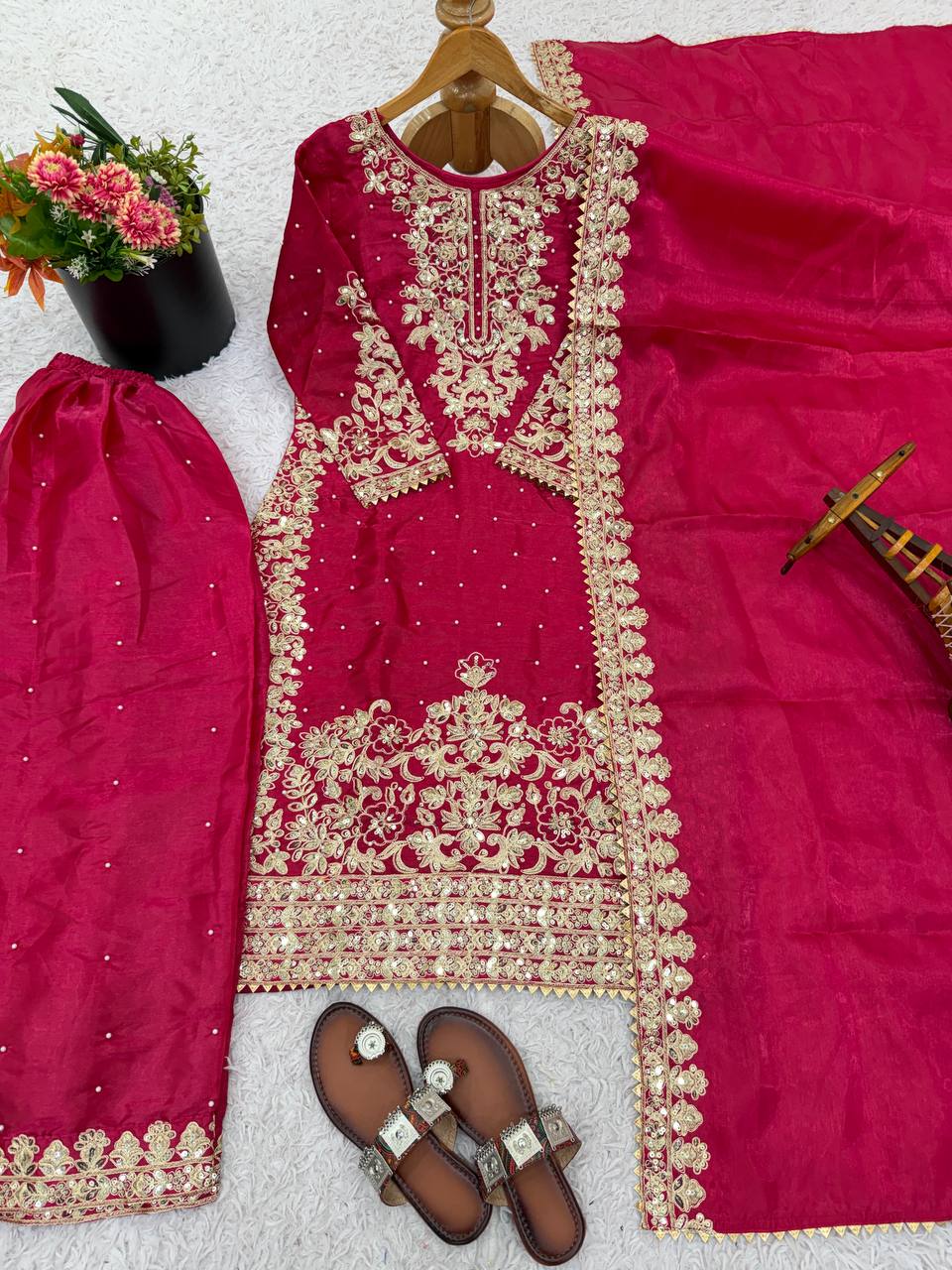 Rani pure gmy silk with heavy embroidery coding sequence work top-bottom and dupatta