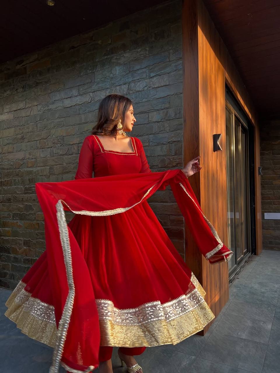 Red soft micro cotton blooming georgette embroidery work anarkali set