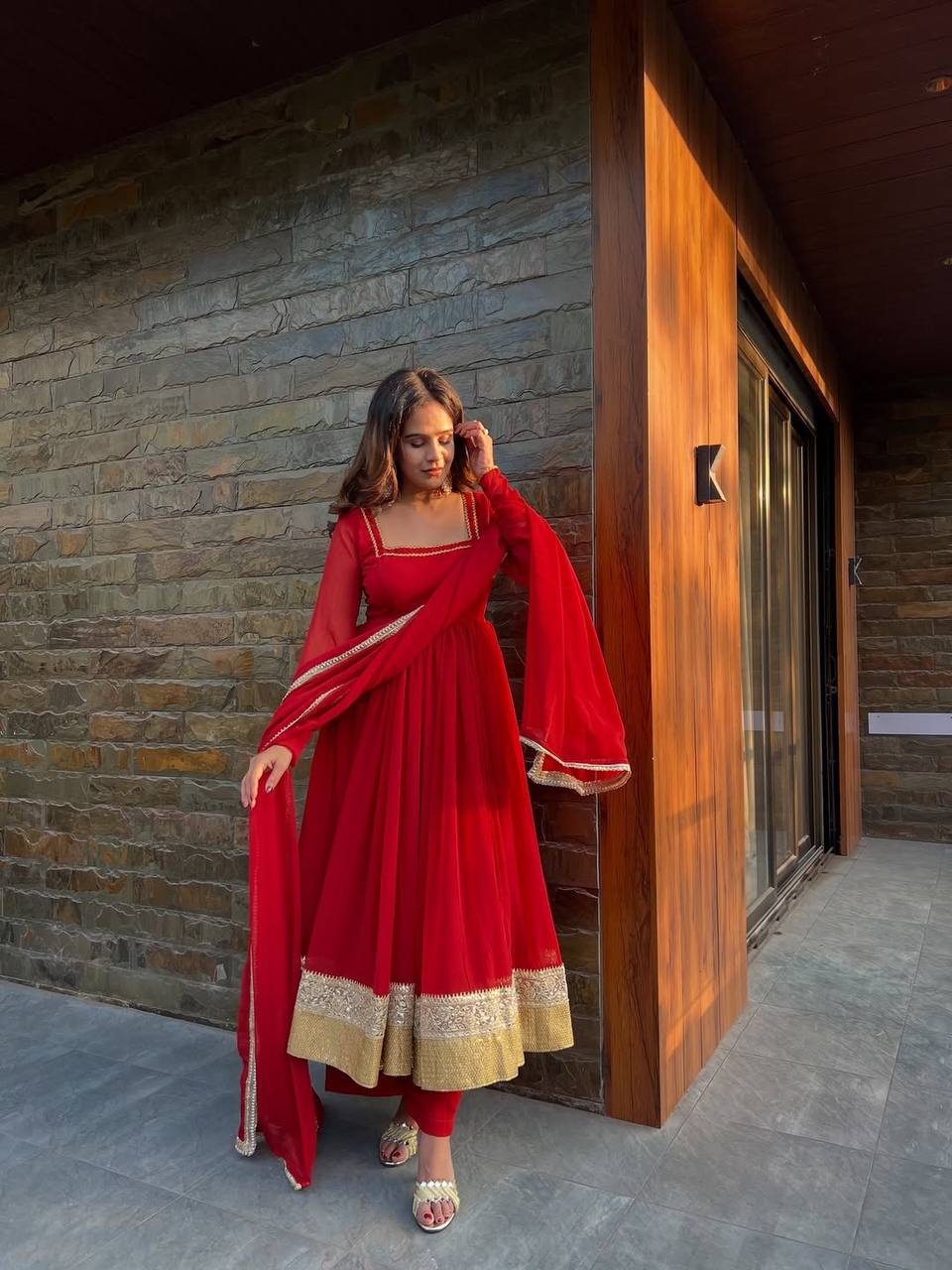 Red soft micro cotton blooming georgette embroidery work anarkali set