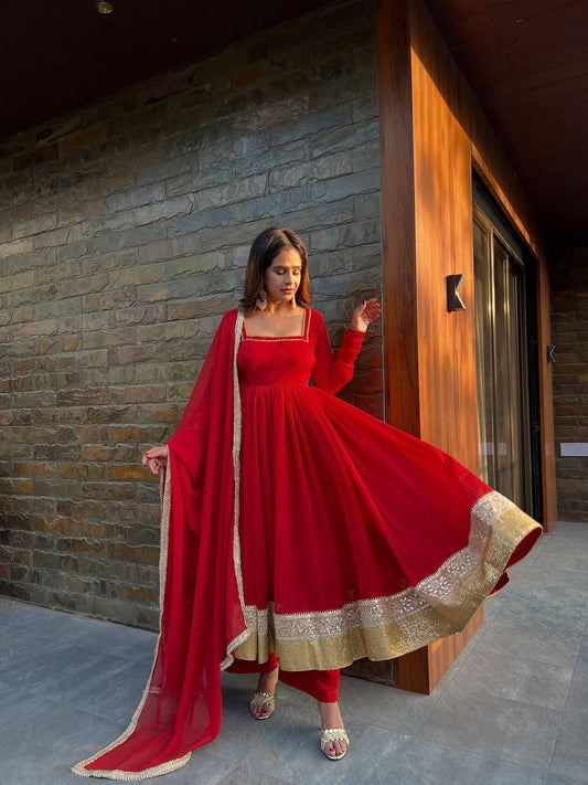 Red soft micro cotton blooming georgette embroidery work anarkali set