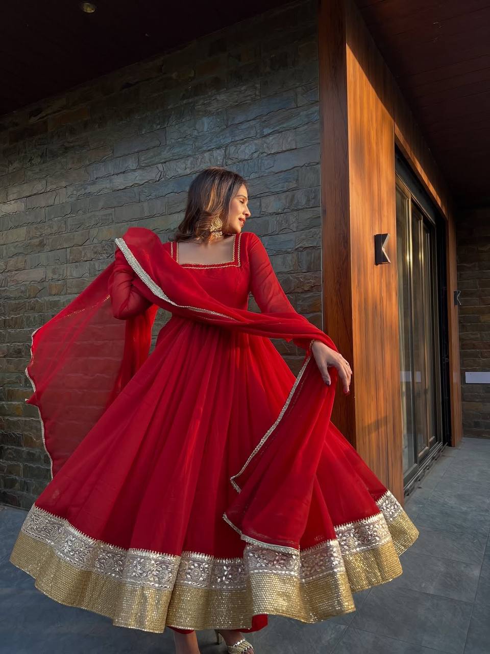 Red soft micro cotton blooming georgette embroidery work anarkali set