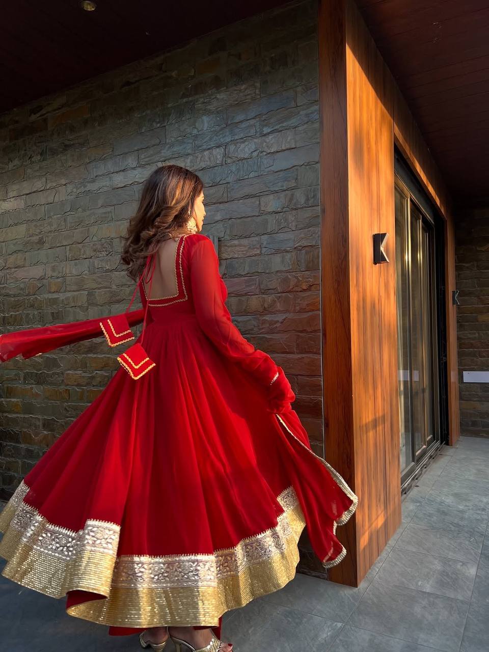 Red soft micro cotton blooming georgette embroidery work anarkali set