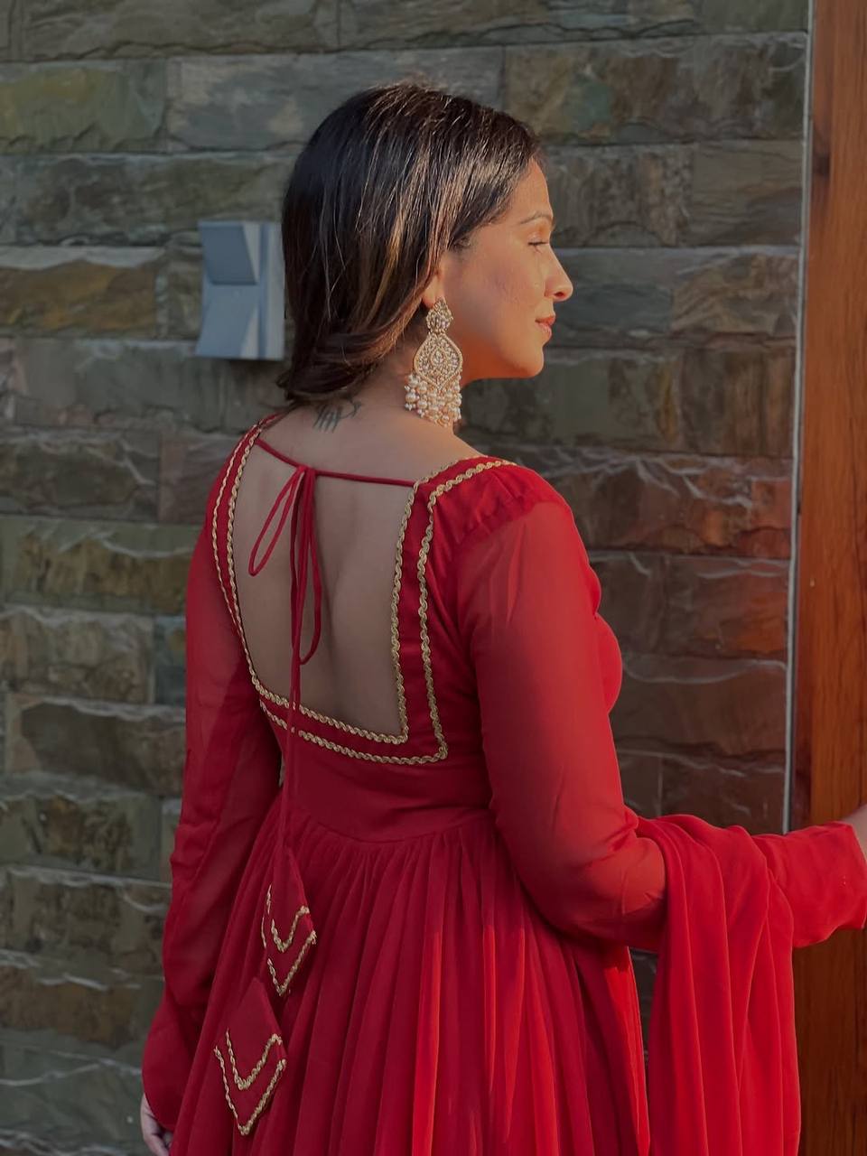 Red soft micro cotton blooming georgette embroidery work anarkali set