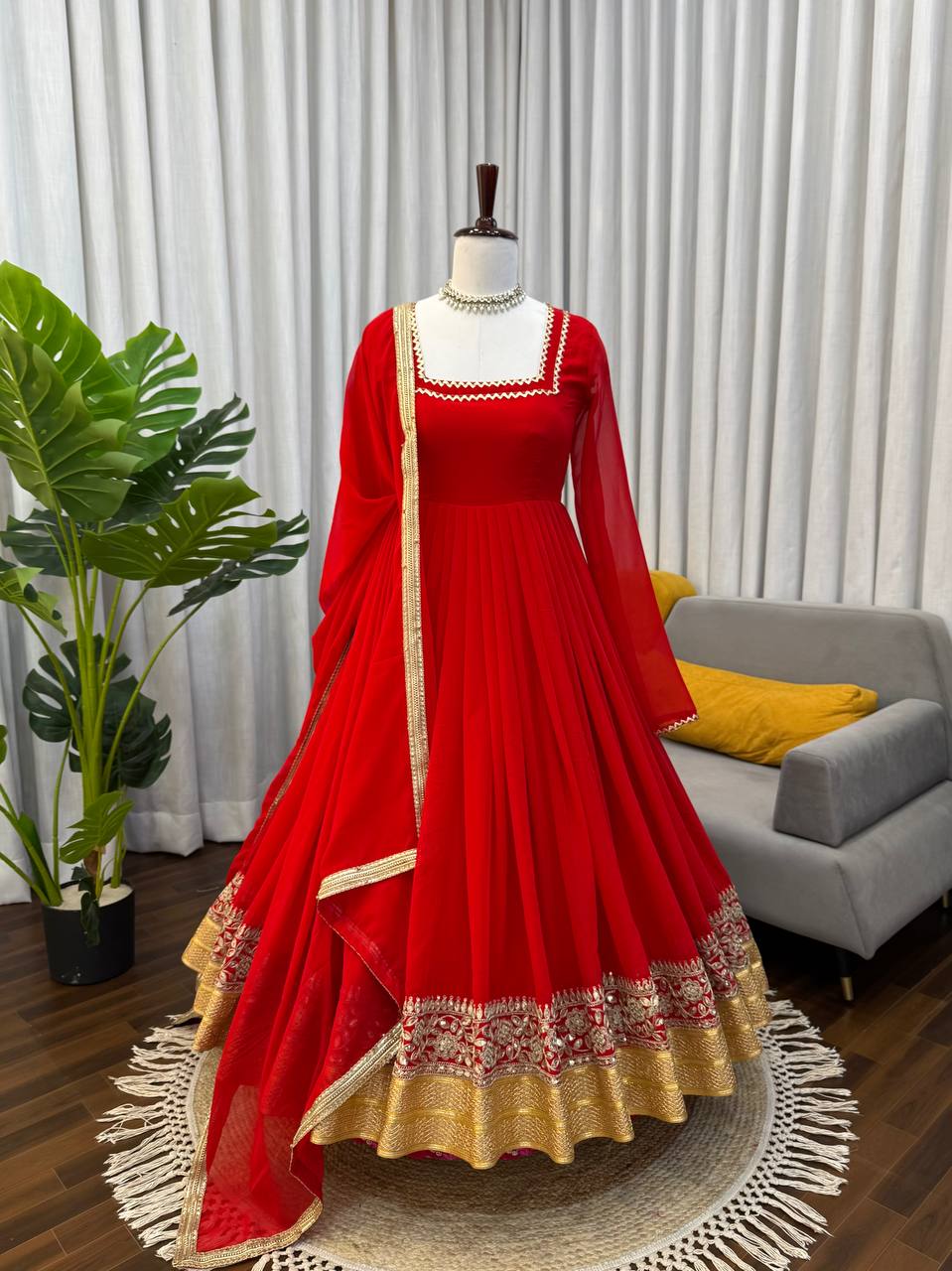 Red soft micro cotton blooming georgette embroidery work anarkali set