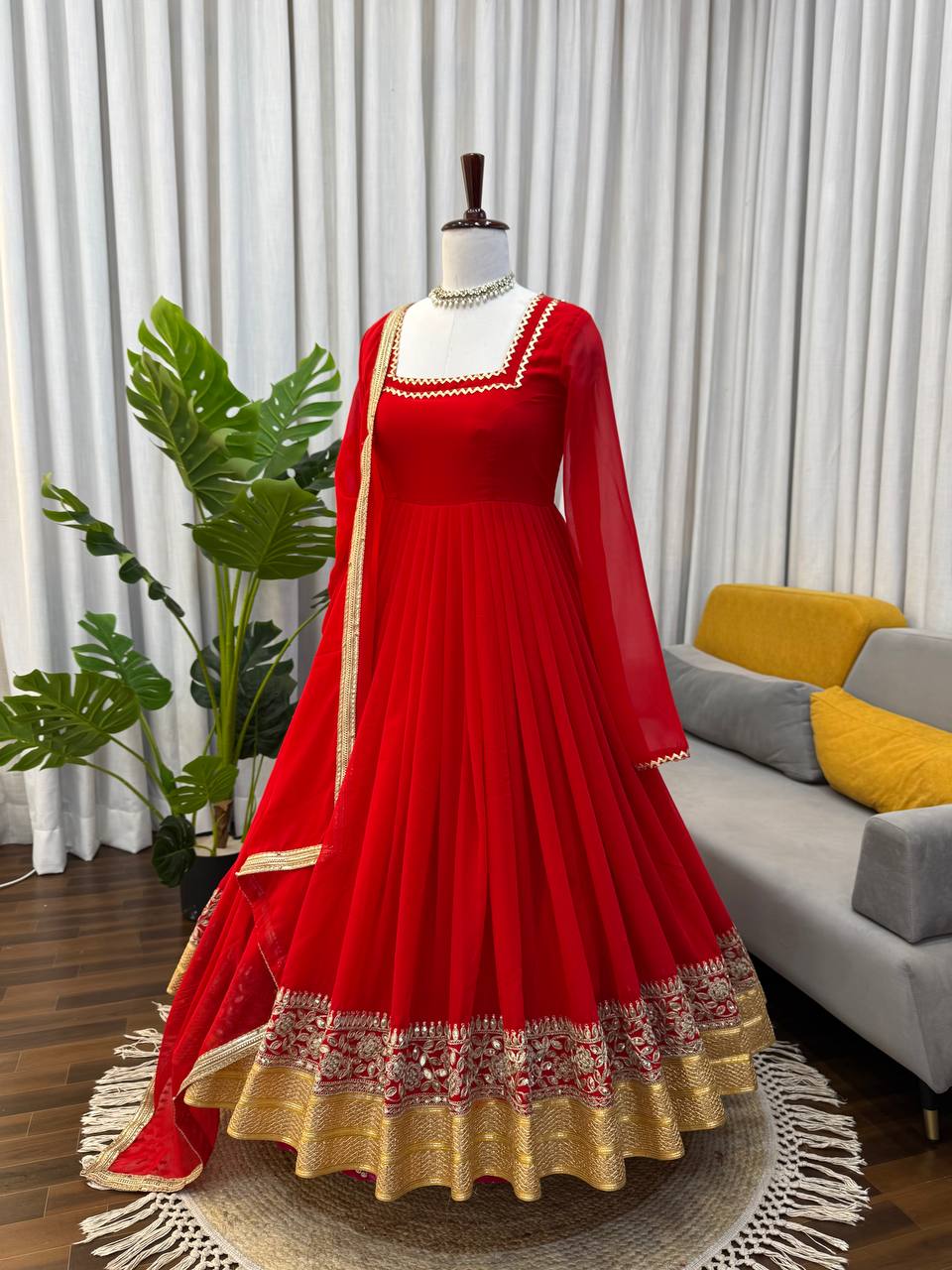 Red soft micro cotton blooming georgette embroidery work anarkali set
