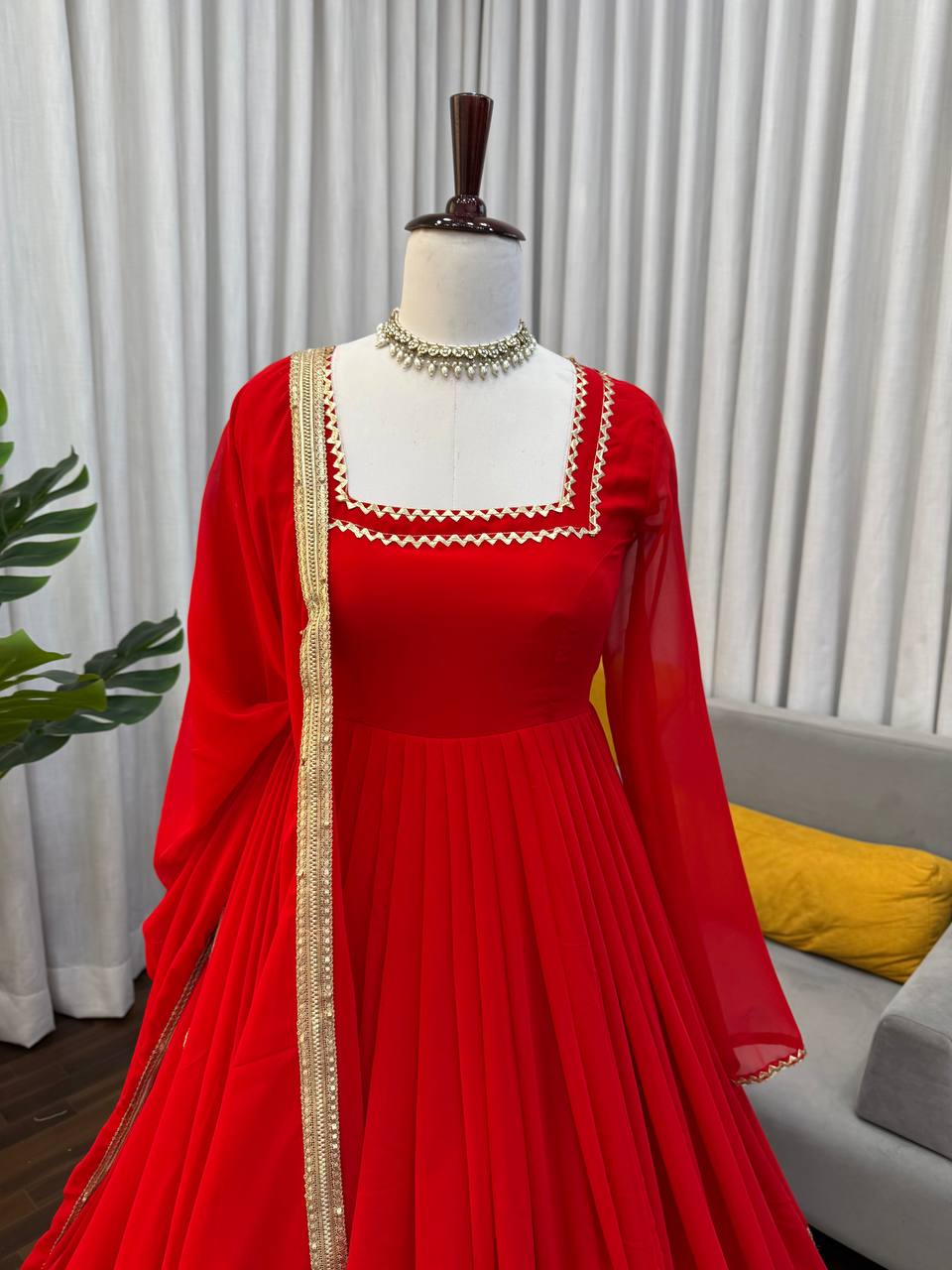 Red soft micro cotton blooming georgette embroidery work anarkali set