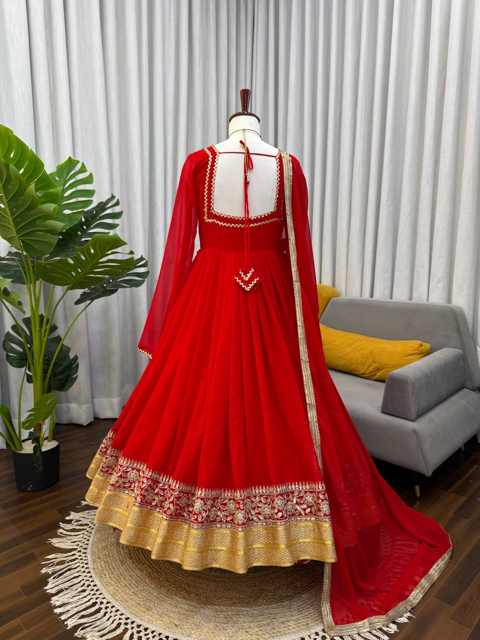 Red soft micro cotton blooming georgette embroidery work anarkali set