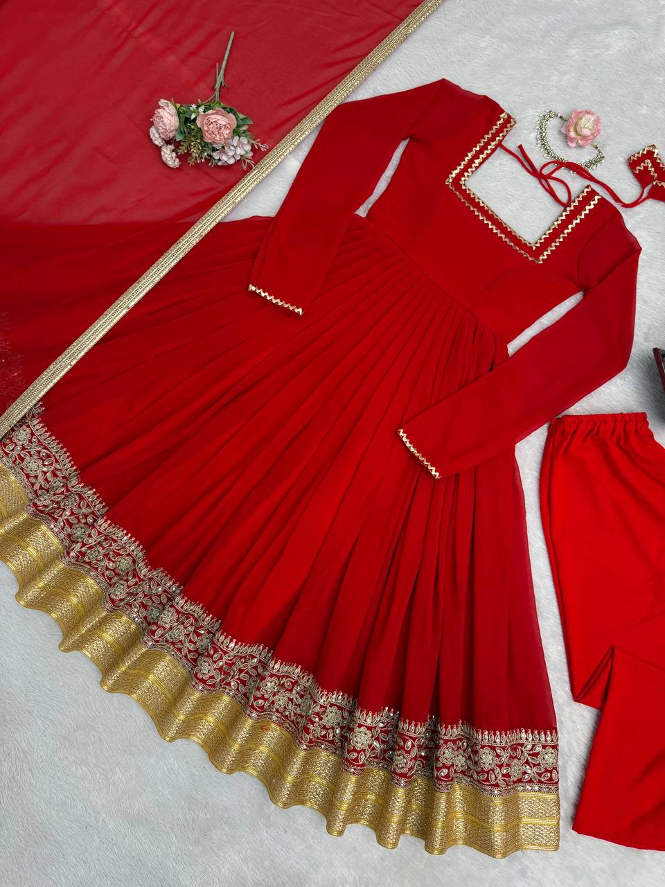 Red soft micro cotton blooming georgette embroidery work anarkali set